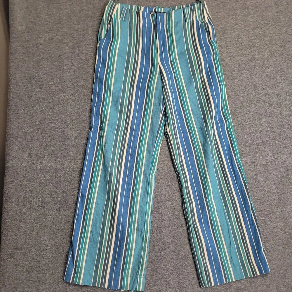 Zara large trousers striped blue zip wide leg linen blend pockets